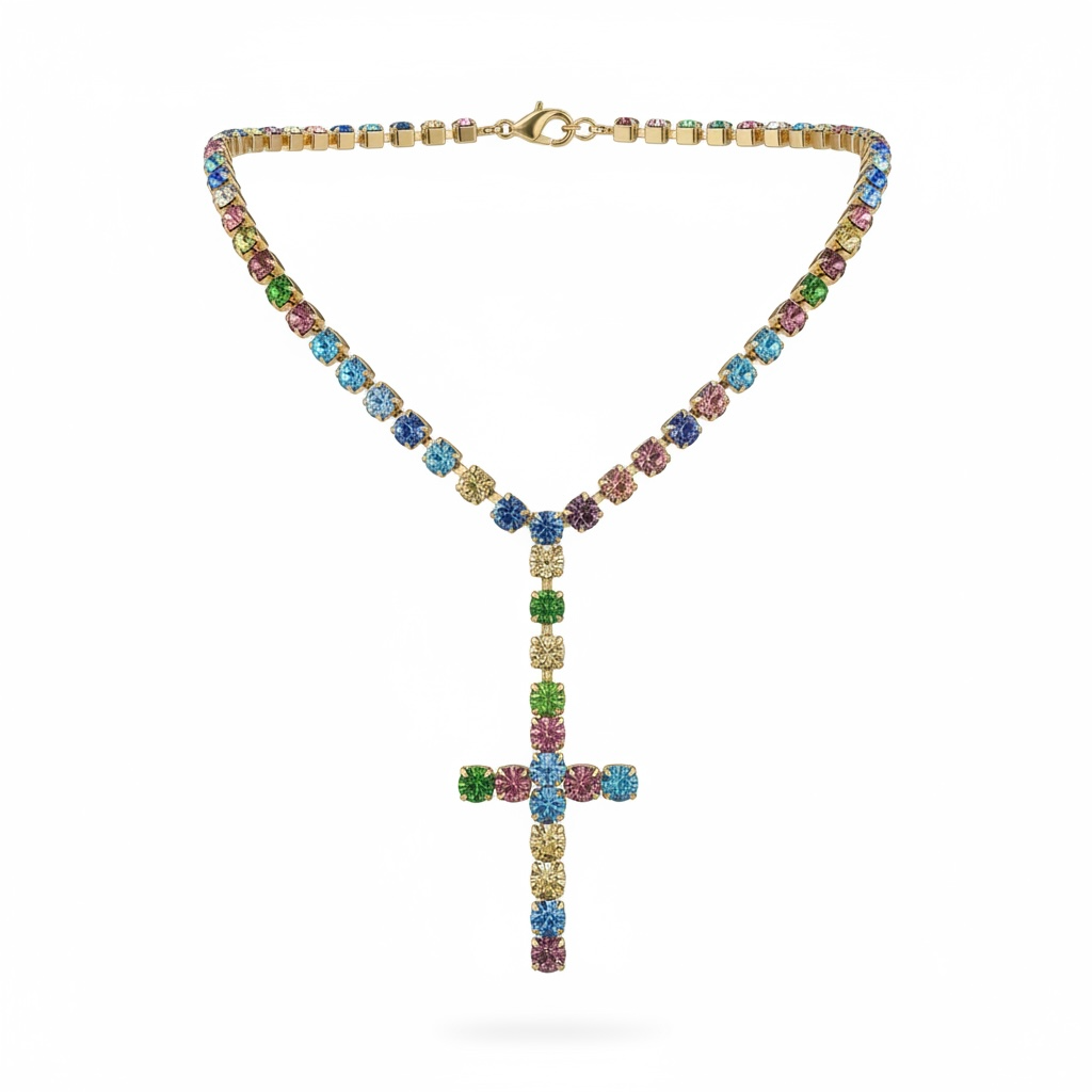 Collana Girocollo Tennis con Croce in Cristalli Multicolor