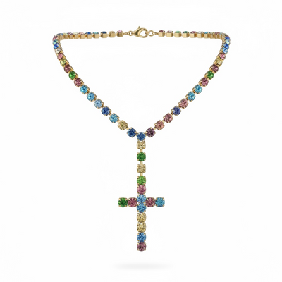 Collana Girocollo Tennis con Croce in Cristalli Multicolor