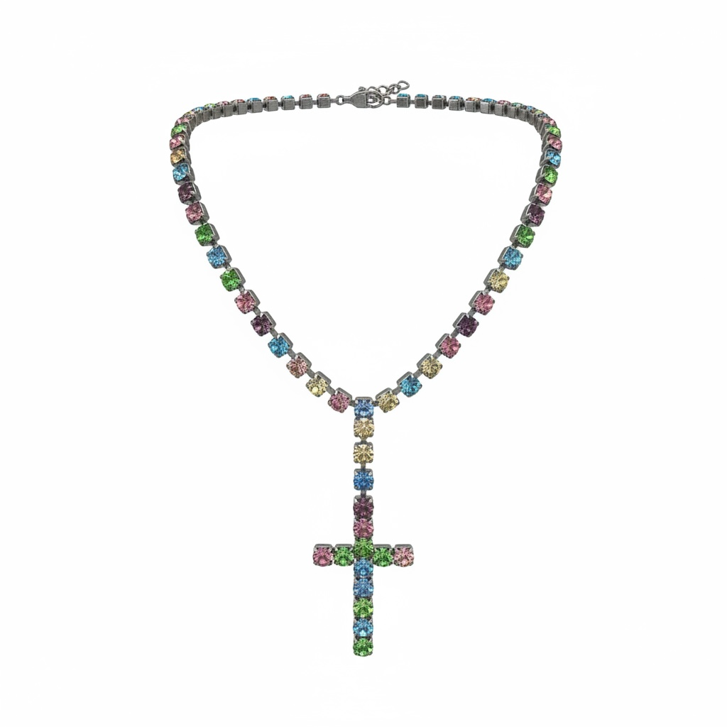 Collana Girocollo Tennis con Croce in Cristalli Multicolor