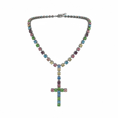 Collana Girocollo Tennis con Croce in Cristalli Multicolor